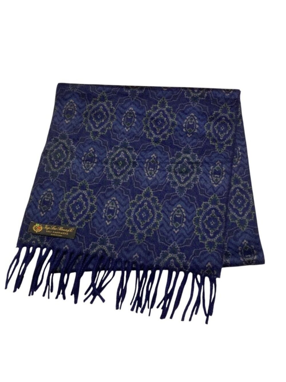 Loro Piana Ing Cashmere 100% All Over Print Fringe Scarf Navy